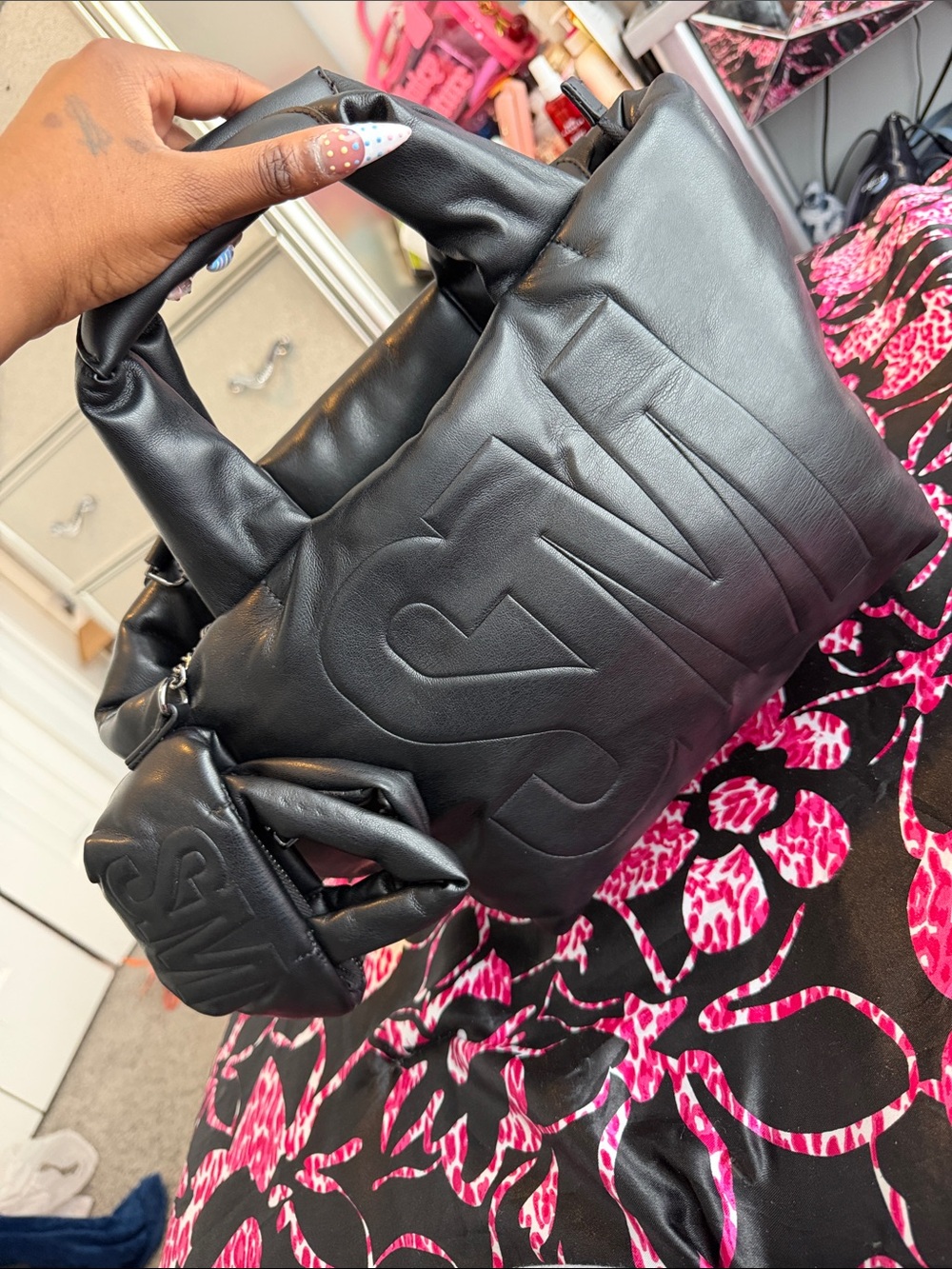 Steve Madden Black Quilted Logo Tote